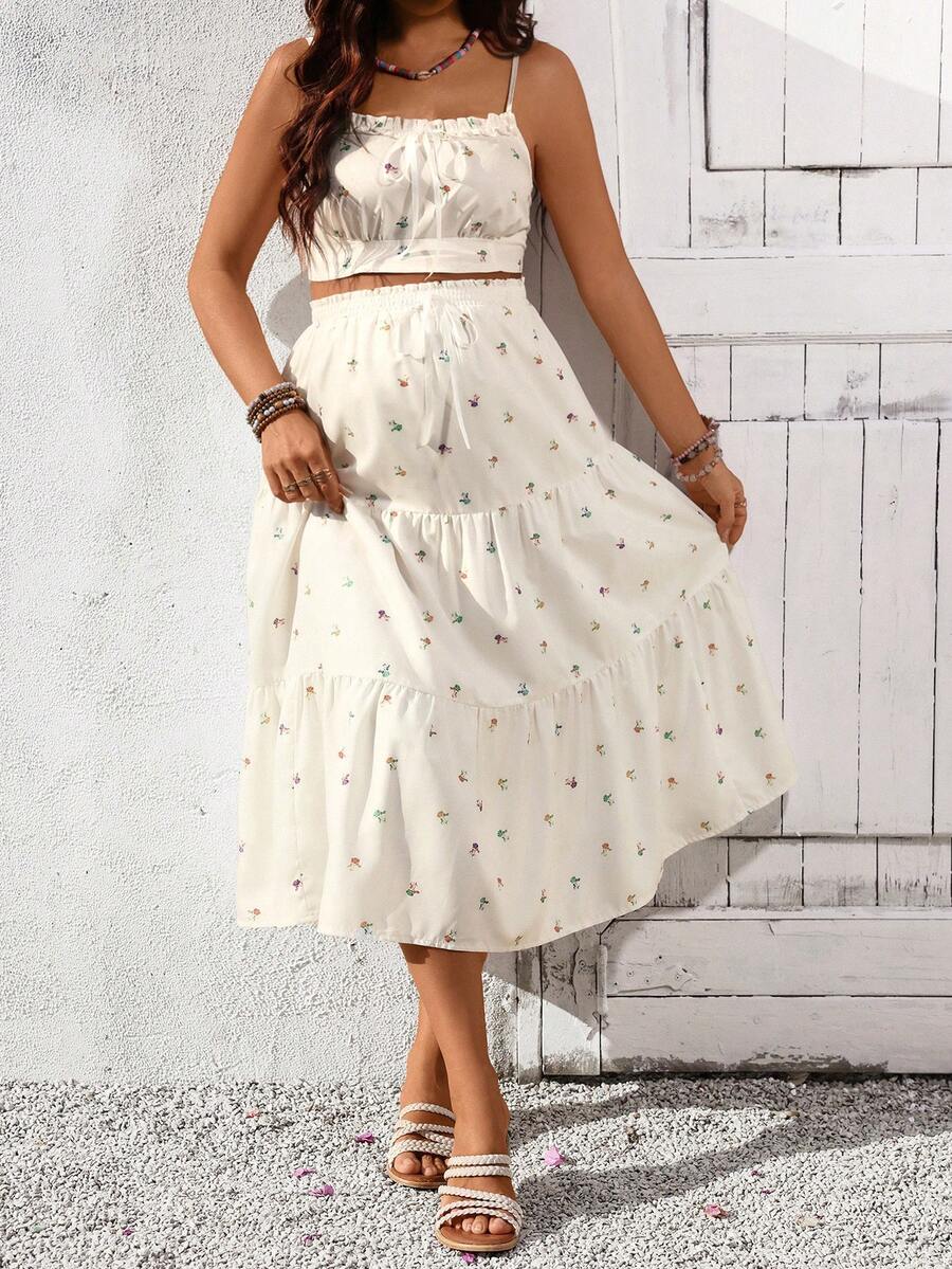 Modmama 2pcs Maternity Floral Print Camisole Top And Ruffle Hem Skirt Set - Beige - View 1