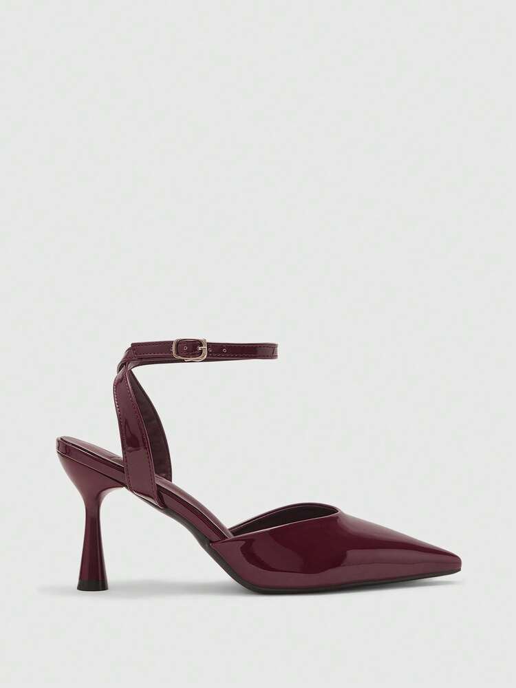 CUCCOO BIZCHIC Pointed Toe Stiletto Heel Burgundy Ankle Strap Minimalist Classic Women's High Heel Pumps, Versatile For Daily, Commute, Elegant, Party Valentine's Day Spring Shoes