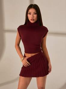 SHEIN PETITE Autumn/Winter New High Collar Knit Top + Knitted Blend Midi Skirt 2-Piece Set For Women - Burgundy - View 4
