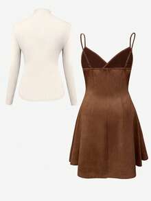 Selianne Plus Size Apricot Stand Collar Top + Suspender Dress 2 Pieces Set - Multicolor - View 2