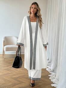 SHEIN LUNE 3件套女士休闲100%纯棉缎带装饰外套和裤子套装 - 白色 - 查看 6