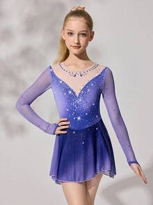 Tween Girls Activewear Long Sleeve Raglan Leotard With Positioning Print + Rhinestone Design, Cute Print Stretchy Skin-Friendly Soft Gymnastics Unitard, Suitable For Dance, School, Competition, All Seasons - Mauve Purple - View 4