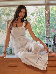 Lullawish Bộ đồ ngủ nữ kiểu Bohemian với dây đeo mảnh, chất liệu cotton dệt, có ren, thích hợp cho nữ, phong cách Boho, đồ mặc nhà mùa hè cho nữ. - trắng - Xem 1