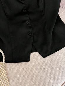 GlowEve 黑色法式优雅方领缎面无袖单排扣吊带背心百搭女式衬衫 - 黑色 - 查看 4