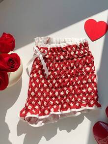 Comfortcana Women's Cute Red And White All-Over Print Frill Waist Bow Decor Ruched Shorts,Summer Lounge Beach Vacation Valentine's Day Spring Y2k Graphic Shorts - Red and White - View 2