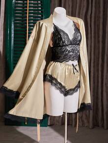 3pcs Sexy & Fashionable Lace Camisole, Lace Trim Mini Shorts, And Lace Patchwork Robe Sleepwear Set For Women Sexy 2piece Nightgown Lingerie Skirt Set Side Slit Lingerie Satin Lingerie Set Lingerie Night