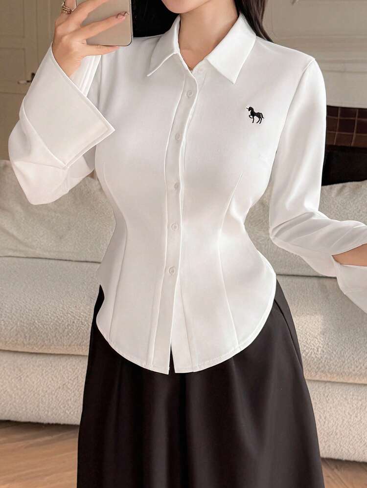 Women's Casual Contrast Color Embroidery Pattern Shirt, Spring/Summer Long Sleeve