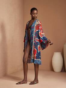 JIAN LASALA All-Over Print Open Front Layered Long Sleeve Ruffled Transparent Chiffon Women Kimono Resort Wear Lantern Sleeve Kimono Paisley Print Kimono For Women Beach Wedding Guest - Multicolor - View 4