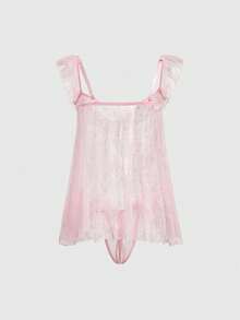 ROMWE Kawaii Cute & Sexy Polka Dot Mesh Ruched Lingerie Set - Pink - View 2