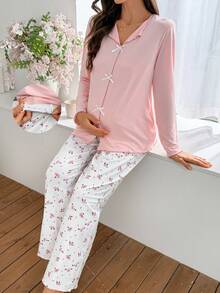 Moonlight&Mama Solid Color Ribbed Bow Tie Neck Long Sleeve Top And Small Ditsy Floral Pants Maternity Pajama Set - Pink - View 5