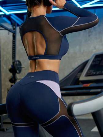 Innovista Conjunto deportivo de top corto y mallas de mujer con parches de malla