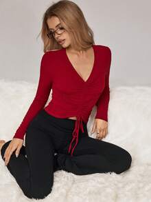 HautHeat 女士休闲舒适褶皱V领家居服上衣 - 酒紅色 - 查看 3