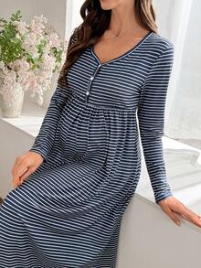 Moonlight&Mama 条纹印花纽扣V领长袖休闲孕妇连衣裙/睡裙 - 藏蓝色 - 查看 5