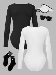 2pcs/Set Teen Girls' Black & White Leotards, Round Neck Dance Gymnastics Elastic Fitted Long Sleeve Bodysuit, Spring/Summer - Multicolor - View 2