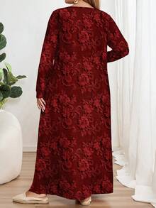 EMERY ROSE Elegant Romantic Embroidered Print Plus Size Long Sleeve Round Neck Dress, Suitable For Party Valentine's Day - Multicolor - View 2