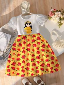 女婴优雅公主风泡泡袖连衣裙，甜美可爱碎花印花泡泡袖连衣裙，全身印花设计，轻盈舒适，时尚休闲装，春夏穿搭，适合派对、假日等场合。 - 彩色 - 查看 5