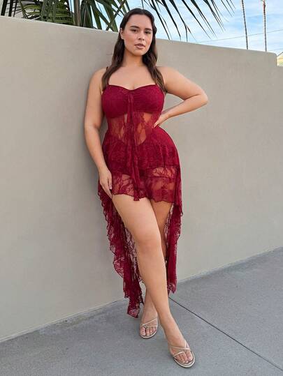 Nezia Cruz Vestido de tirantes con volantes, escote en V, negro, con parte delantera corta y parte trasera larga para tallas grandes, vestido sexy con volantes en el bajo estilo Y2K