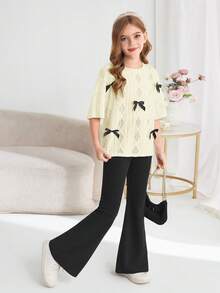 SHEIN Serisse Kids Tween Girls Loose Knit Jacquard Crew Neck Pullover Top And Flare Pants 2 Pieces Set - Mustard Yellow - View 12