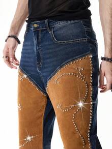 ROMWE MEN Street Life 男士时尚休闲拼接铆钉牛仔喇叭裤 - 藍色 - 查看 2