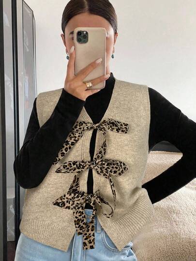 Siren Gaze Women's Autumn Fashionable Commuter Leopard Print Bow Decor Sweater Vest Casual Brown