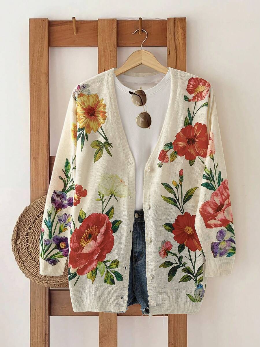 GlowEve Women's Floral Print V-Neck Button Front Long Sleeve Cardigan