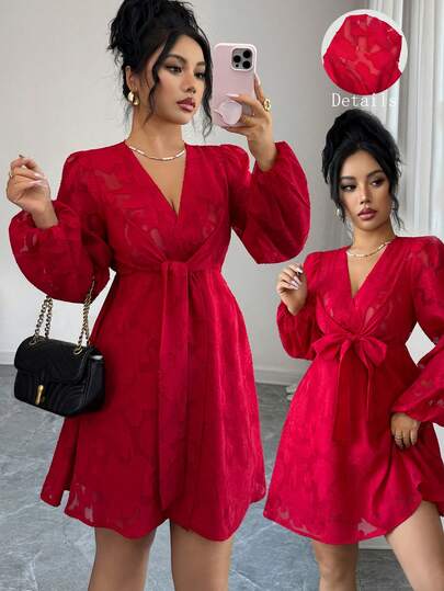 SHEIN Elenzya Vestido corto de mujer con escote en V, mangas abullonadas, de gasa con recortes y estampado floral, color rojo, para primavera/verano, Día de San Valentín