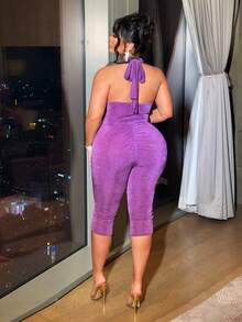 Bộ jumpsuit dài 3/4 ôm sát, gợi cảm, dây mảnh, chất liệu bóng, cỡ lớn dành cho nữ của NU&NOW, thích hợp cho Ngày Valentine. - Màu tím - Xem 2
