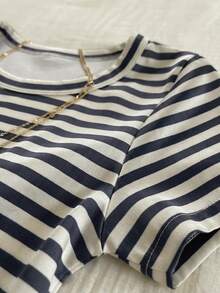 INAWLY Women's Waist Cinched Striped T-Shirt, Casual Striped, Versatile For Commute, Fashionable For Summer - Multicolor - View 3