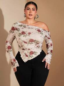 SHEIN BAE 大码女装优雅晚宴生日派对复古浪漫玫瑰花网纱印花不对称露肩褶皱长袖上衣 大码秋季服装外出上衣 大码秋季上衣长袖冬季服装 女装大码秋季服装 大码上衣 大码衬衫 女式上衣 曲线上衣 大码女装 女士上衣 曲线加大码 大码长袖 - 彩色 - 查看 7