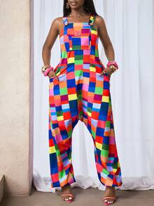 BamGleam Women Casual & Sweet Plaid Print Tie-Up Wide Leg Jumpsuit, Suitable For Going Out & Daily Wear & Romantic - Multicolor - View 1