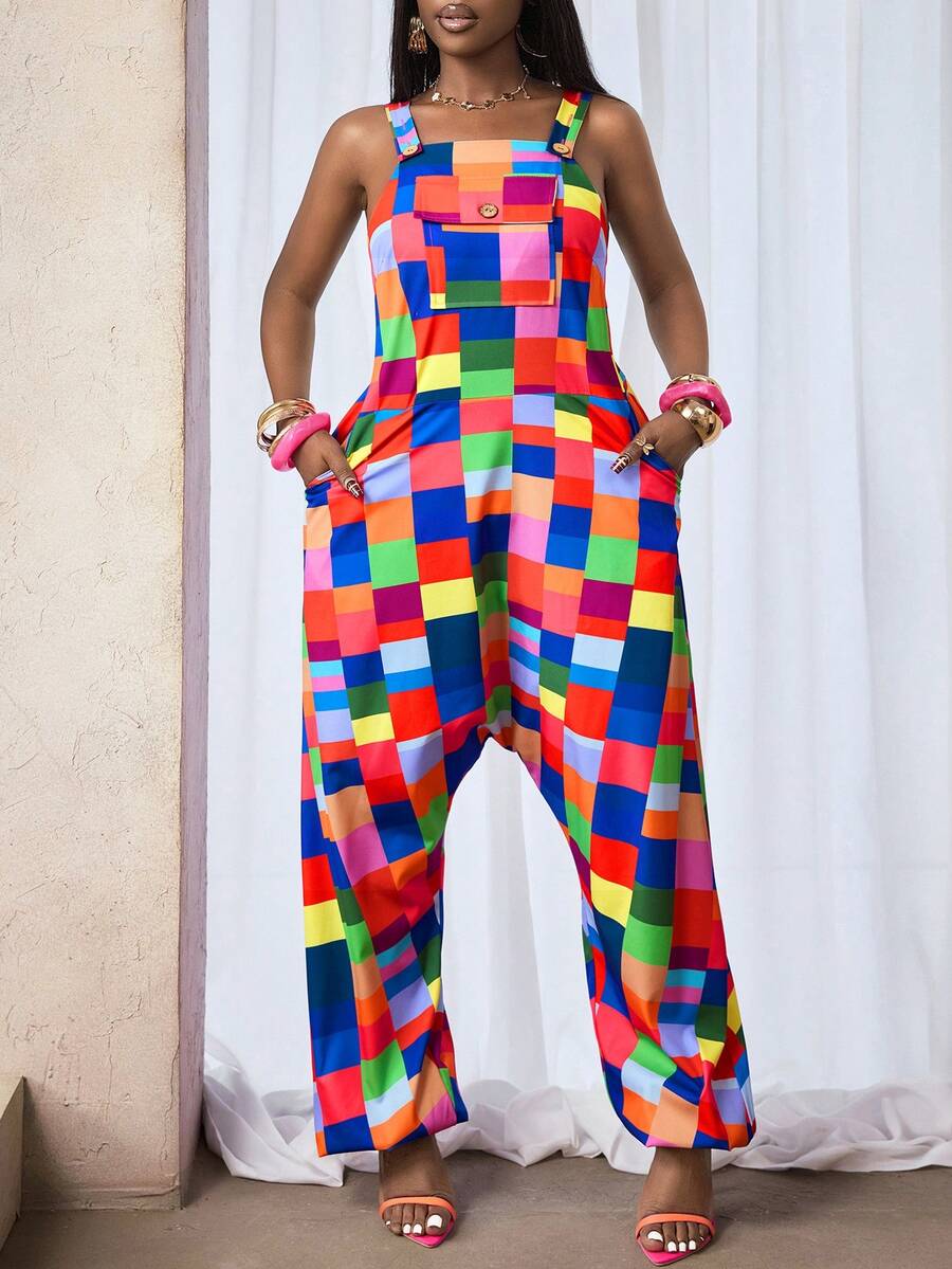 BamGleam Women Casual & Sweet Plaid Print Tie-Up Wide Leg Jumpsuit, Suitable For Going Out & Daily Wear & Romantic - Multicolor - View 1