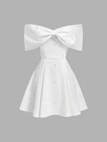 SHEIN MOD 香槟色无肩带立领珍珠装饰迷你连衣裙 - 白色 - 查看 1