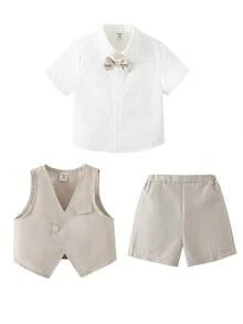 SHEIN 三件套包括:白色衬衫、卡其色马甲、卡其色短裤,男士套装,适合生日派对、锐舞派对、晚宴、演出、婚礼、迎婴派对、一周岁生日庆祝等场合。 - 彩色 - 查看 3