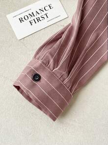 Modelyn Collared Tie-Front Long Sleeve Cinched Waist Striped Casual Shirt For Women - Pink - View 6