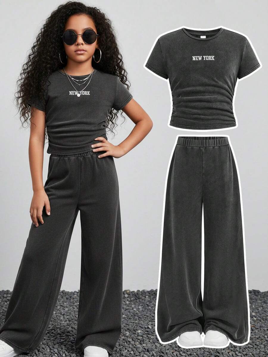 Tween Girl Fitted Short Sleeve Crew Neck T-Shirt And Loose Wide Leg Knit Pants Set - Dark Grey - View 1