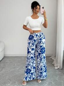 Elenzga Women's Elegant Commuter Floral Print Wide Leg Pants - Blue - View 3
