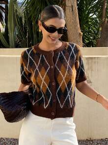 Livesso Women's Casual Rhombus Pattern Cardigan, Autumn/Winter - Brown - View 1