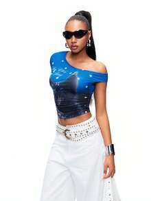TypaGal White And Blue Summer Streetwear Y2k Night Women's Edgy Chic Black Cat Letter Polka Dot Print Asymmetric Neck Ruffle Fitted Cropped T-Shirt, Punk Style - Multicolor - View 4
