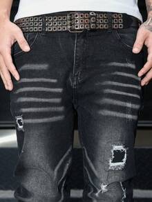 Manfinity Roughcore 男士黑色做旧拼接修身牛仔裤，街头风 - 黑色 - 查看 3