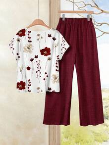 Rusticease Bộ 2 món dành cho nữ, gồm áo cổ tròn dáng rộng và quần ống rộng, trang phục đa năng cho mùa xuân/thu/hè. Màu đỏ, phong cách thường ngày. - Nhiều màu - Xem 2