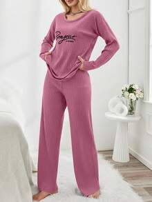 EURMUSE Women's Letter Embroidery Graphic Crew Neck Long Sleeve Top And Wide Leg Pants Casual Loungewear Set - Pink - View 5