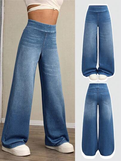 Tween Girls Fashion Casual Y2k Vintage Cool Street Returns To School College Simple Comfortable Light And Sporty Blue Knitted Denim Loose Jeans For Tween Girl Clothes Tween Girls Dailywear And Tween Girl Winter And Fall Rave Outfits Festival And Outfits Streetwear Clothes