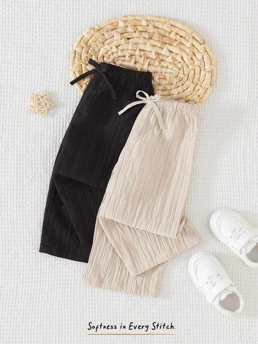 Cozy Pixies 2pcs Baby Girl Crinkle Texture Loose Wide Leg Pants, Straight Leg Trousers, Versatile Casual Pants, Holiday Style - Multicolor - View 1