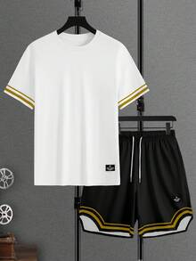 Manfinity Homme 男士字母印花圆领短袖休闲T恤和抽绳腰短裤套装 - 黑與白 - 查看 5