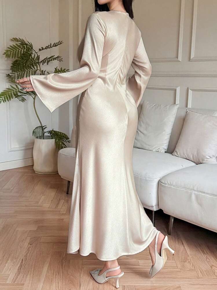 Women's Elegant Solid Color V-Neck Flare Sleeve Criss-Cross Tie Asymmetric Dress, Spring/Summer Dress Sundress