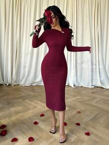 Elenzga Women's Asymmetric V-Neck Textured Fabric Belted Elegant Fitted Dress, Suitable For Christmas, New Year, Thanksgiving, Independence Day, Back To School, New Year Party, Burgundy - Burgundy - View 3