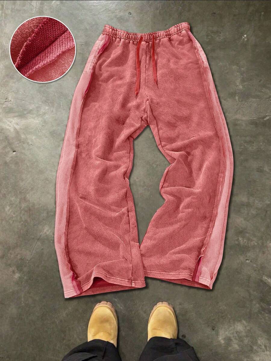 Manfinity EMRG 男士休闲宽松棉质运动裤，街头风松紧腰阔腿裤，做旧棉质面料，适合日常穿着、休闲、时尚、街头风格，是节日送礼佳品。 - 紅色 - 查看 1