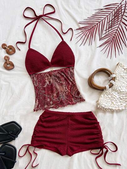 Soleia Red  Women's Vintage Vacation V-Neck Halter Backless Tie-Up Fitted Contrast Color Top And Low Waist Ruched Drawstring Shorts 2 Pieces Set, Suitable For Party, Christmas, Date, Nightclub, Beach, Cruise, Afternoon Tea, Bohemian, Boho, Vacation, Fall