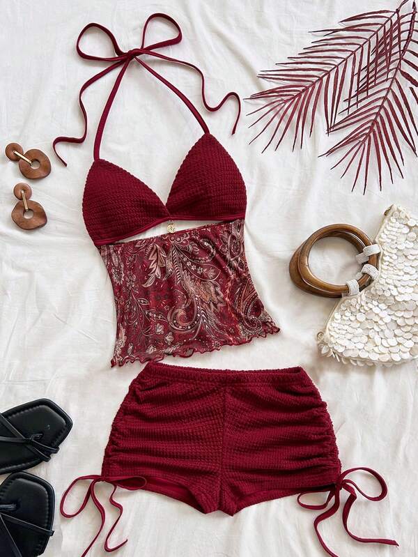 Soleia Red  Women's Vintage Vacation V-Neck Halter Backless Tie-Up Fitted Contrast Color Top And Low Waist Ruched Drawstring Shorts 2 Pieces Set, Suitable For Party, Christmas, Date, Nightclub, Beach, Cruise, Afternoon Tea, Bohemian, Boho, Vacation, Fall