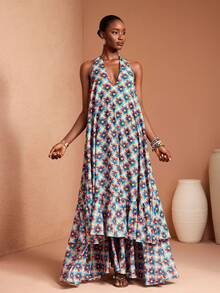 JIAN LASALA 全身印花露背系带多层女士长裙，适合度假、休闲、海滩、婚礼宾客穿着。 - 彩色 - 查看 3